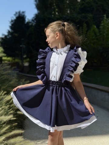 Fustă uniformă școlară cu bretele și volane pentru fete bleumarin, College Star - Img 5