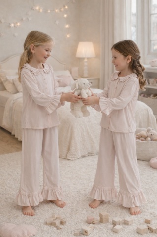Pijama bej fete din bumbac cu volane și nasturi, Angel - Img 2