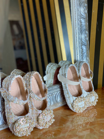 Pink Tweed Shoes with Pearls for Girls, Grace