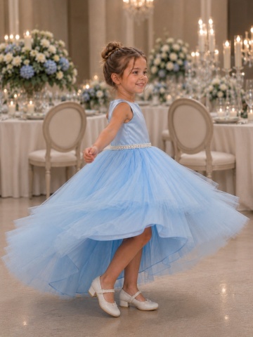 Rochie Celeste BABY BLUE lungă elegantă din tul pentru fete – rochie de ocazie cu pietre în talie - Img 5