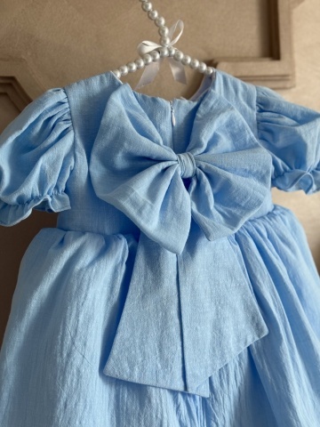 Rochie fete bumbac baby blue cu fundiță și mâneci bufante scurte, Muse - Img 2