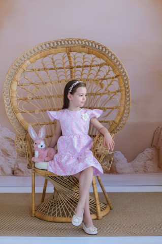 Rochie fete roz din brocart cu mâneci fluture, Petal - Img 1