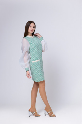 Rochie verde eleganta din tweed cu maneci bufante de organza, Julia - Img 6