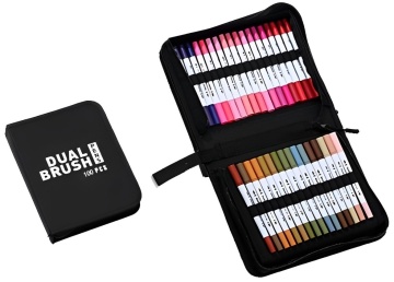 Set carioci pe baza de apa, 2 in 1, pictura, caligrafie, 100 culori, penar, corp carioca alb, 23.5 x 19.5 x 7.5 cm, multicolor