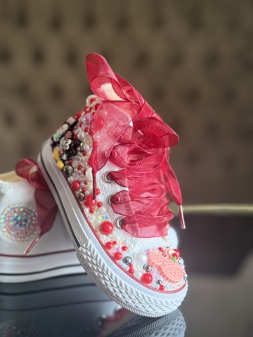 Teniși fete Mickey & Minnie Mouse, perle roșii roz cristal, fundă organza – Handmade - Img 7