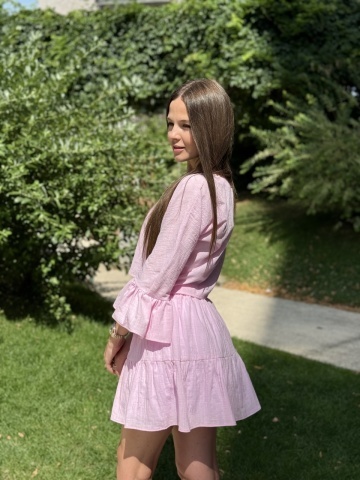 Compleu damă vară bumbac roz – fustă lejeră și crop top cu volane, Rozalia - Img 7
