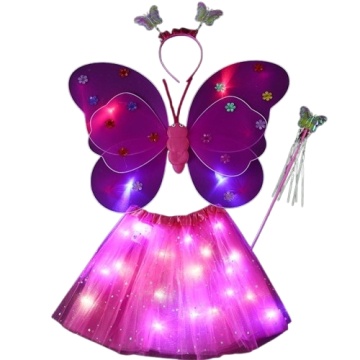 Costum fluturas copii, aripi luminoase, fusta tul, bagheta, bentita, 4 piese, roz-rosu