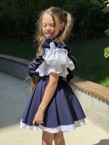 Fustă uniformă școlară cu bretele și volane pentru fete bleumarin, College Star - Img 6