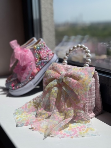Geantă fete din tweed roz cu fundă supradimensionată, Bloomie - Img 3
