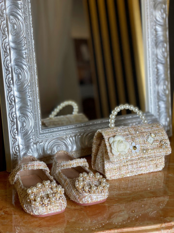 Pantofi roz din tweed cu perle pentru fetite, Grace - Img 2