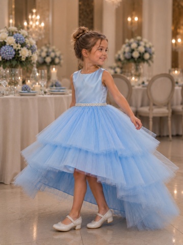 Rochie Celeste BABY BLUE lungă elegantă din tul pentru fete – rochie de ocazie cu pietre în talie - Img 2