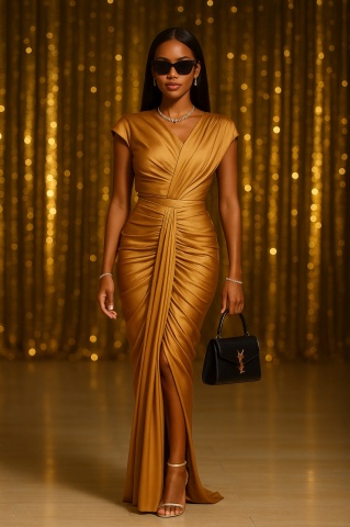 Rochie damă lungă de seară elegantă bodycon bej-aurie cu crăpătură pe picior – SABÉ Couture Dulcinea - Img 9