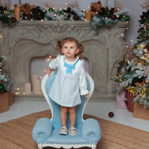 Rochie fete Bleu din Tweed cu Maneci din Bumbac - Img 4