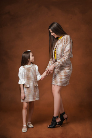 Rochie fete din stofa houndstooth cu mâneci din mătase, Camilla - Img 6