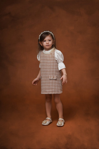 Rochie fete din stofa houndstooth cu mâneci din mătase, Camilla - Img 8