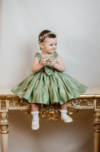 Rochie fete din tafta verde eleganta cu funda detașabilă, de ocazie, Charlotte