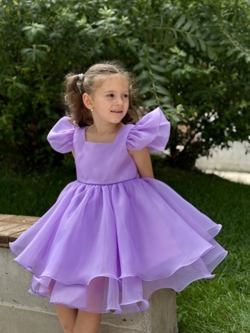 Rochie fete lila din organza cu volane și mâneci fluture - Img 5