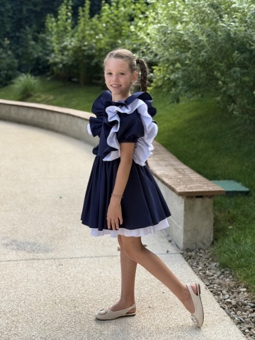 Rochie uniformă școlară fete bleumarin cu volane și căptușeală din bumbac – Academy Look - Img 7