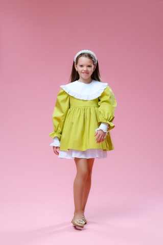 Rochie verde fete bumbac 100% cu maneci bufante si guler detasabil, Muse - Img 2