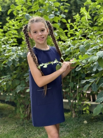 Sarafan școală fete bleumarin cu perle și buzunare, Navy - Img 8