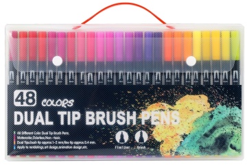 Set 48 carioci, pe baza de apa, 2 tipuri de varf, 1-2 mm, 0.4 mm, corp carioca negru, din plastic, multicolor