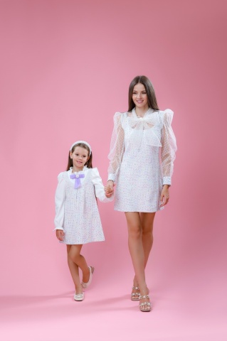 Set mama-fiica din tweed cu maneci bufante si funda, Charm - Img 2