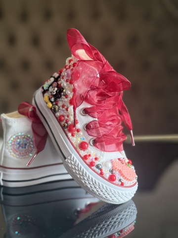 Teniși fete Mickey & Minnie Mouse, perle roșii roz cristal, fundă organza – Handmade - Img 5