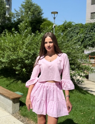 Compleu damă vară bumbac roz – fustă lejeră și crop top cu volane, Rozalia - Img 8