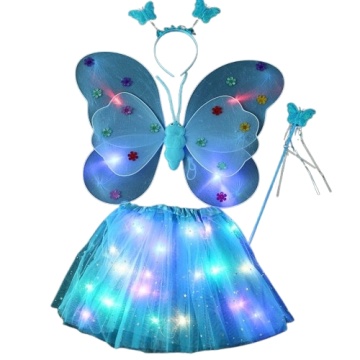 Costum fluturas copii, aripi luminoase, fusta tul, bagheta, bentita, 4 piese, albastru