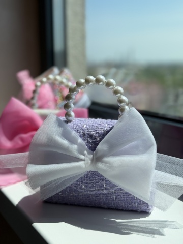 Geantă fete din tweed lila cu fundă supradimensionată albă, Lilia - Img 6