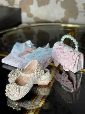 Pantofi roz din tweed cu perle pentru fetite, Grace - Img 3