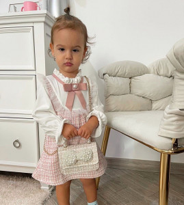 Pink Tweed Dress with Cotton Sleeves for Girls - Img 4