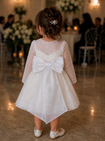 Rochie albă couture elegantă pentru fete cu perle, pietre și fundă detașabilă – Ophelia - Img 4