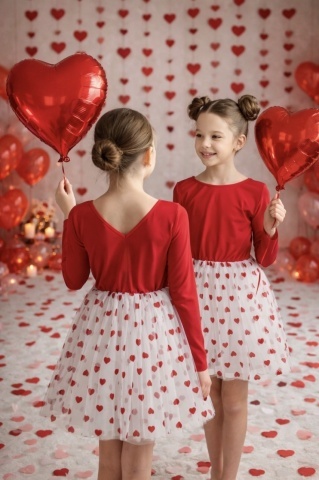 Rochie fete roșie cu tul alb și inimioare roșii brodate 3D – 8 Martie - Rochie elegantă tematică Love