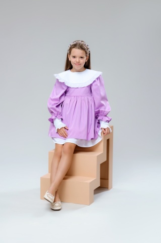 Rochie lila fete bumbac 100% cu maneci bufante si guler detasabil, Muse - Img 6