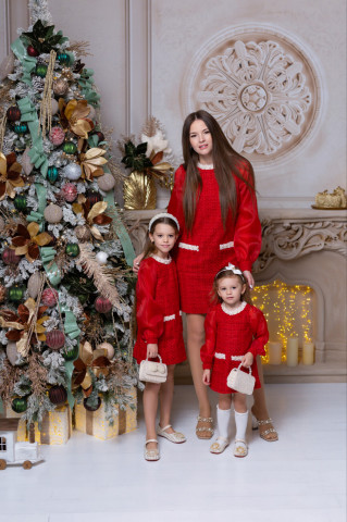 Rochie roșie din tweed cu maneci bufante din organza, Vanessa - Img 6