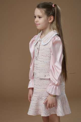 Rochie-sarafan roz fetițe din tweed cu cămașă - Img 2