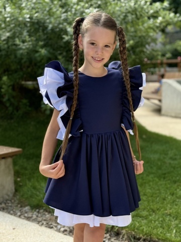 Rochie uniformă școlară fete bleumarin cu volane și căptușeală din bumbac – Academy Look - Img 8