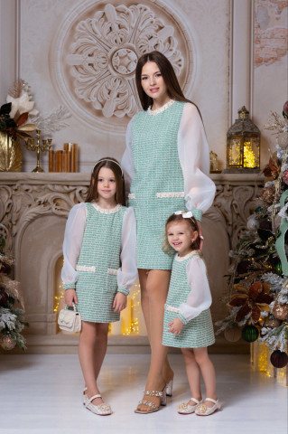 Rochie verde eleganta din tweed cu maneci bufante de organza, Julia - Img 8