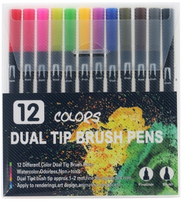 Set 12 carioci, pe baza de apa, 2 tipuri de varf, 1-2 mm, 0.4 mm, corp carioca negru, din plastic, multicolor
