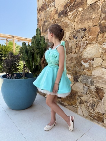 Set 2 piese elegant fete – fustă cloș & top ajustabil cu flori mentă pentru ocazii, Amira - Img 10
