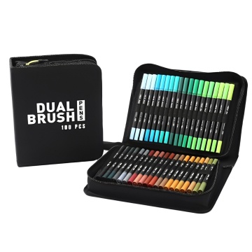 Set carioci pe baza de apa, 2 in 1, pentru pictura, caligrafie, 100 culori, corp carioca negru, 23.5 x 19.5 x 7.5 cm, multicolor