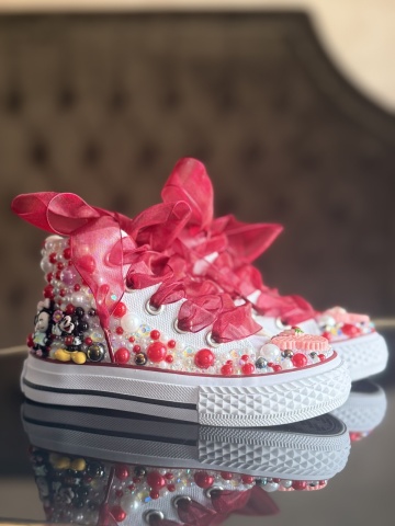 Teniși fete Mickey & Minnie Mouse, perle roșii roz cristal, fundă organza – Handmade - Img 2