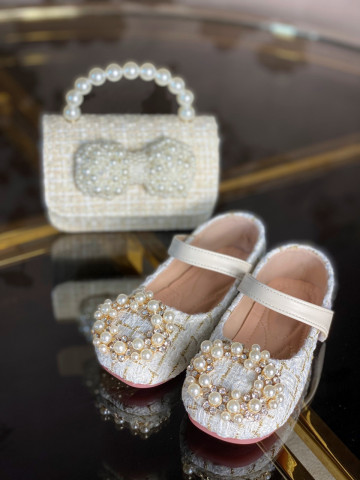 White Tweed Shoes with Pearls for Girls, Grace - Img 5