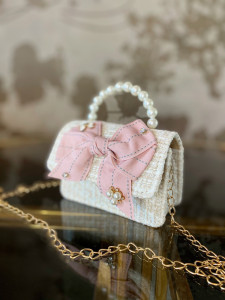 Beige Girls’ Handbag with Oversized Pink Bow, Bow