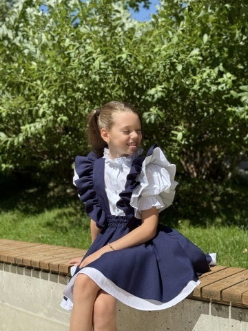 Fustă uniformă școlară cu bretele și volane pentru fete bleumarin, College Star - Img 8