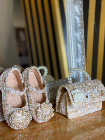 Pantofi roz din tweed cu perle pentru fetite, Grace - Img 4