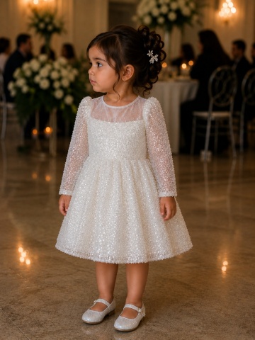 Rochie albă couture elegantă pentru fete cu perle, pietre și fundă detașabilă – Ophelia