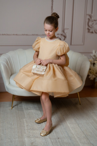 Rochie cappuccino fete pentru botez/ocazie, cu funda supradimensionată, Caroline - Img 1