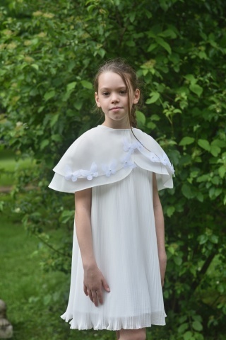Rochie couture de ocazie pentru fete din voal plisat cu capă detașabilă și flori 3D – Éloire - Img 2